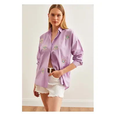 Olalook Women's Eye Lilac Sequin Detailed Woven Boyfriend Shirt