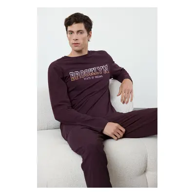 Trendyol Men's Dark Purple Regular Fit Printed Knitted 100% Cotton Pajama Set