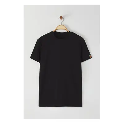 Trendyol Black Regular Cut Textured T-Shirt with Label Detail