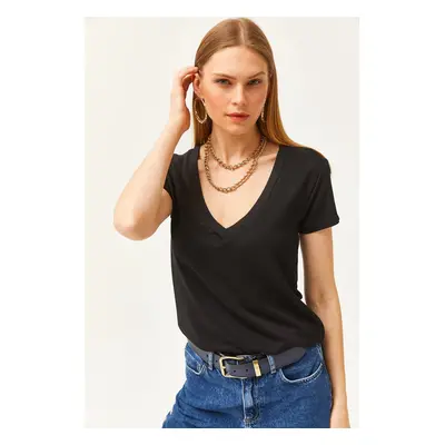 Olalook Women's Black Deep V-Neck Modal Touch T-Shirt