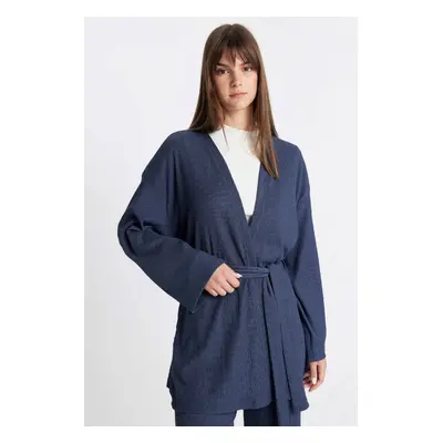 DEFACTO Relax Fit Shawl Collar Belted Crepe Kimono