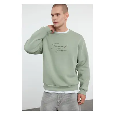 Trendyol Mint Oversize/Wide Cut Text Embroidered Thick Fleece Sweatshirt