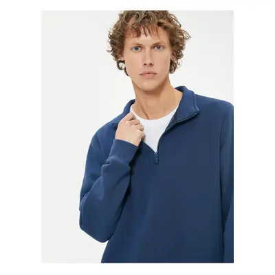 Koton Half Zip Collar Basic Ribbed Cotton Blended Long Sleeve Sweatshirt