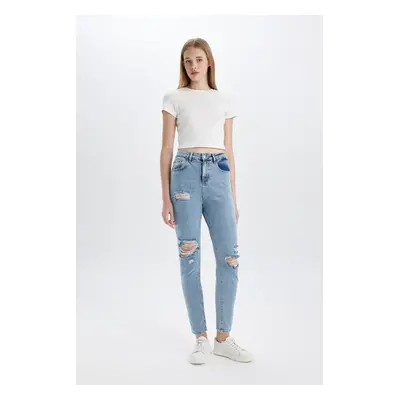 DEFACTO Lina Lina Mom Fit Ripped Detailed High Waist Ankle Length Jean Washed Trousers