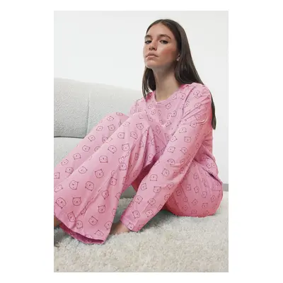 Trendyol Pink 100% Cotton Teddy Bear Knitted Pajama Set