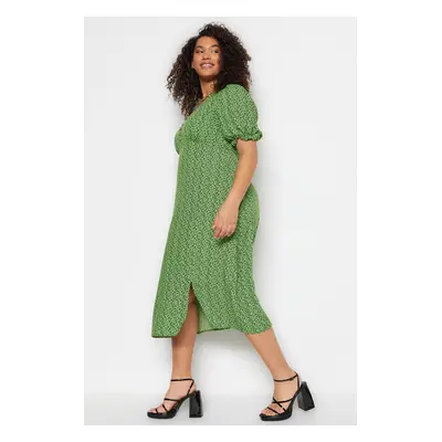 Trendyol Curve Green Animal Pattern Weave Slit Dress