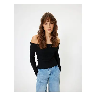 Koton Floor Detail Ribbed Long Sleeve Knitwear Off-Shoulder Sweater