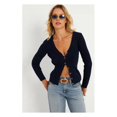 Cool & Sexy Women's Navy Blue Buttoned Knitwear Cardigan YV94