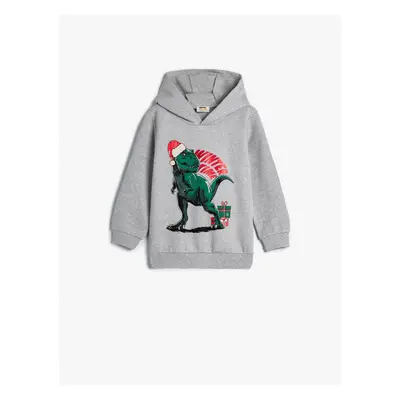 Koton Hooded Sweat Christmas Themed Dinosaur Print Raised