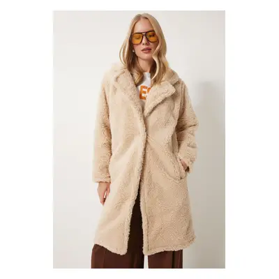 Happiness İstanbul Women's Beige Fold Collar Plush Coat