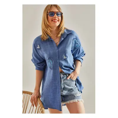 Bianco Lucci Women's Blue Linen Tassel Detailed Embroidered Heart Embroidered Oversize Shirt