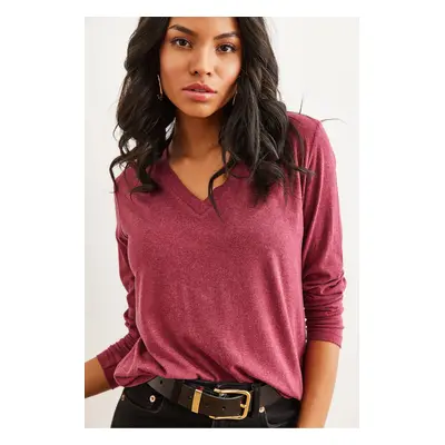 Olalook Women's Dusty Rose V Neck Wool Viscose Flowy Blouse