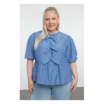 Trendyol Curve Navy Blue Women's Bow-Crispy Floral Woven Plus Size Blouse