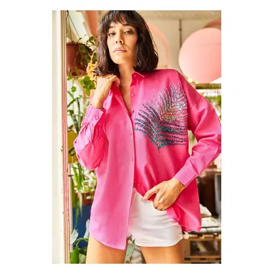 Olalook Women's Fuchsia Palm Sequin Detailed Oversize Woven Poplin Shirt