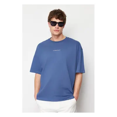 Trendyol Indigo Oversize/Wide Cut 100% Cotton Embroidered T-Shirt