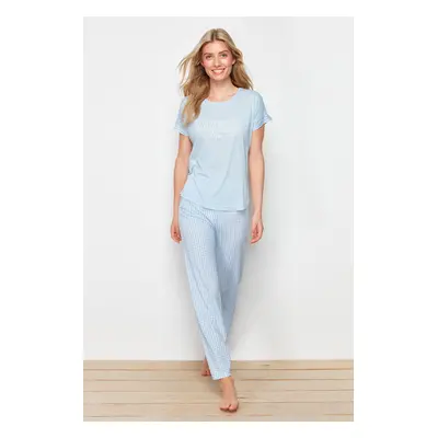 Trendyol Blue Gingham and Slogan Printed Knitted Pajamas Set