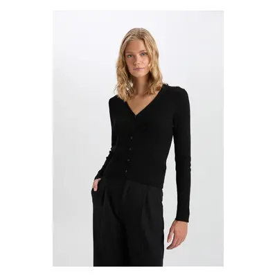 DEFACTO Fitted V Neck Basic Plain Button Rib Black Cardigan