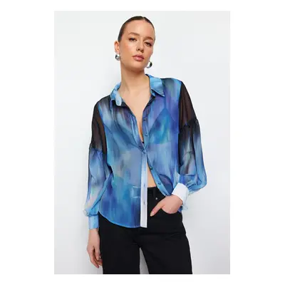 Trendyol Blue Balloon Sleeve Patterned Chiffon Fabric Oversize Wide Fit Woven Shirt