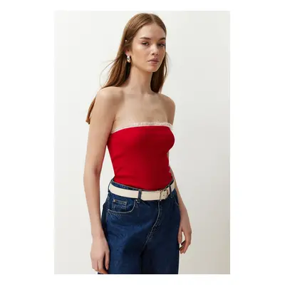 Trendyol Red Ribbed Strapless Collar Woven Garnish Fitted Cotton Crop Knitted Blouse