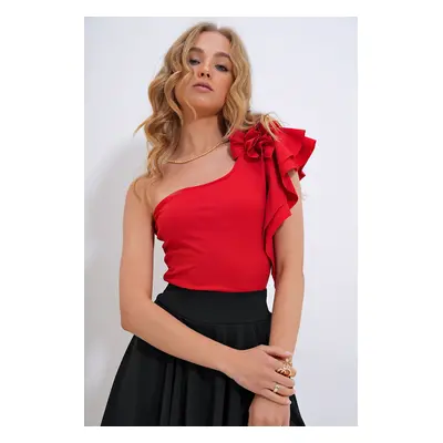 Trend Alaçatı Stili Woman's Red Single Shoulder Detailed Bottom Snap Blouse