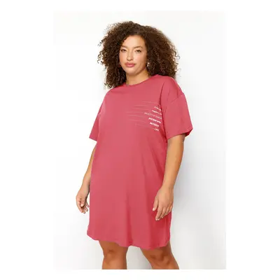 Trendyol Curve Pink Crew Neck Slogan Printed 100% Cotton Knitted Plus Size T-shirt Dress