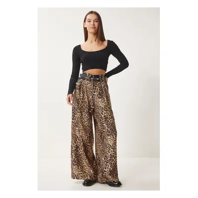 Happiness İstanbul Women's Beige Black Leopard Patterned Double Belted Culatte Woven Trousers