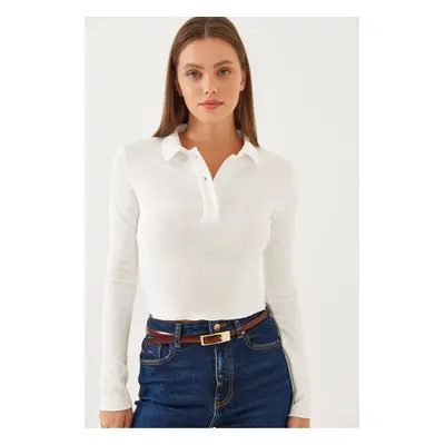 Bianco Lucci Women's Polo Collar Half Buttoned Ribbed Crop Blouse