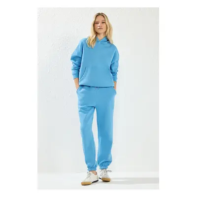 Trendyol Light Blue Thick Polar Fleece Hooded Oversize/Relaxed Cut Knitted Tracksuit