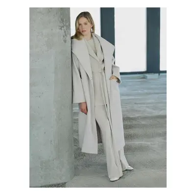 Koton Extra Long Cashmere Coat Wide Shawl Collar Pocket Side Slit Detail