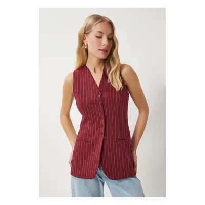 Happiness İstanbul Women's Claret Red Fleto Pocket Detailed Striped Woven Vest