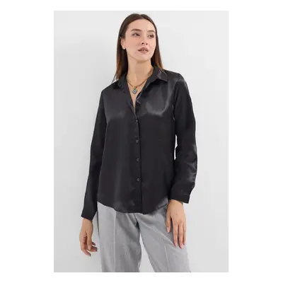 Bigdart Lightly Flowy Satin Shirt - Black