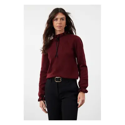 Trendyol Claret Red Soft Texture Openwork/Hole Ribbon/Bow Detailed Knitwear Sweater