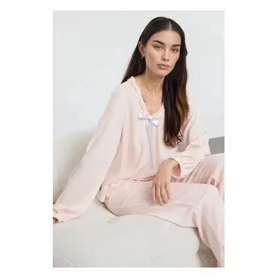 Trendyol Pink Striped Ruffle and Ribbon/Bow Detailed Woven Pajama Set