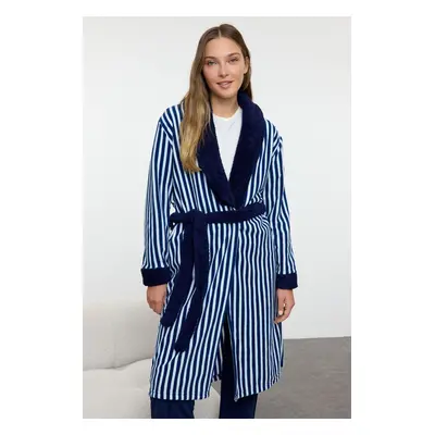 Trendyol Navy Blue Belted Striped Fleece Winter Knitted Dressing Gown