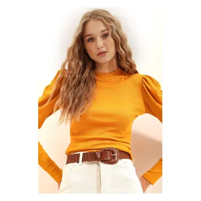 Trend Alaçatı Stili Women's Yellow Princess Sleeve Half Turtleneck Camisole Blouse