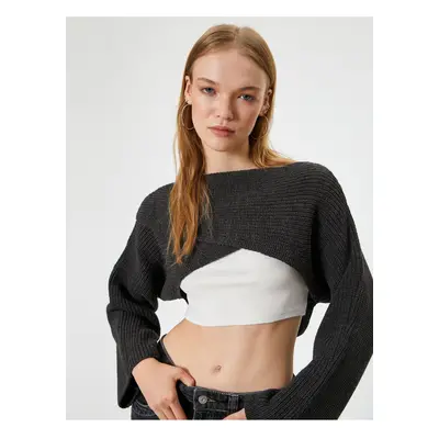 Koton Crop Knitwear Sweater Boat Neck Folded Bell Sleeve