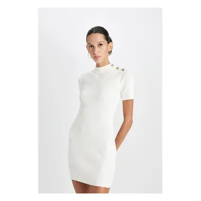 DEFACTO Fitted Half Turtleneck Basic Plain Button Ribbed White Mini Dress