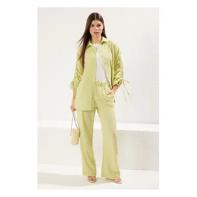 Trendyol Light Green Linen Look with Gathered Detail Woven Bottom-Top Set