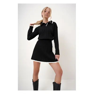 Trend Alaçatı Stili Women's Black Polo Collar Buttoned Knitwear Sweater and Skirt Set