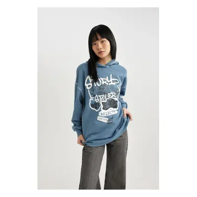 DEFACTO Coool Oversize Fit Printed Hooded Thick Washed Pale Effect Sweatshirt