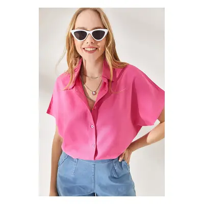 Olalook Women's Pink Bat Oversize Linen Shirt