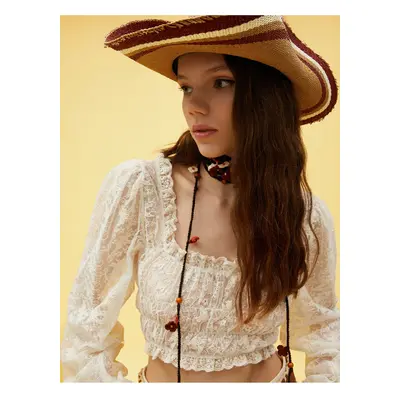 Koton Balloon Sleeve Lace Crop Blouse