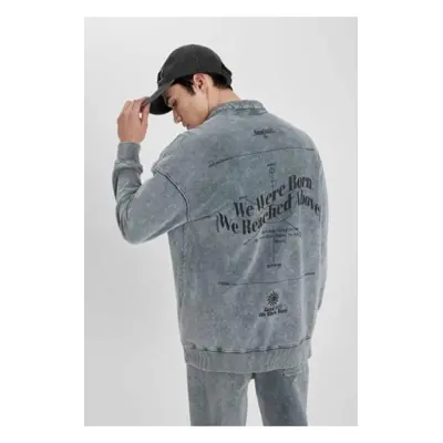 DEFACTO Comfort Regular Fit Casual Cut Stand Collar Zippered Back Printed Washed Faded Effect Sw