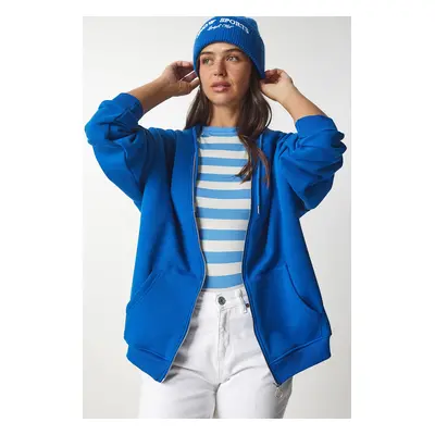 Happiness İstanbul Women's Blue Hooded Zipper Oversize Sweatshirt