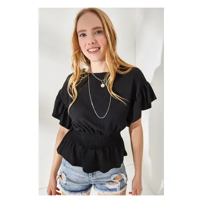 Olalook Women's Black Elastic Waist Frilly Sleeve Bat Bat Blouse