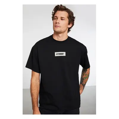 GRIMELANGE Invention Men's 100% Organic Cotton Thick Textured Printed Detailed Oversize Black T-