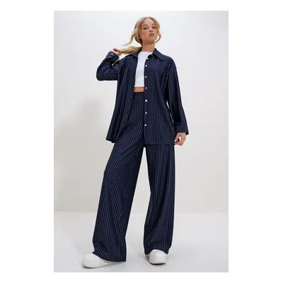 Trend Alaçatı Stili Women's Navy Blue White Striped Shirt Jacket and Palazzo Pants Two Piece Set