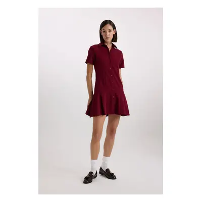 DEFACTO Polo Neck Basic Plain Short Sleeve Pleated Mini Dress