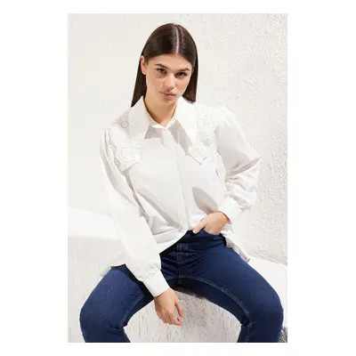 Trendyol Ecru Embroidered Detailed Woven Shirt