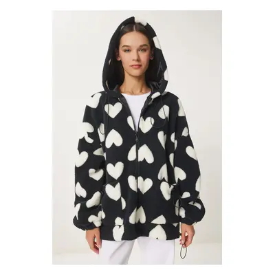 Happiness İstanbul Women's Black and White Hooded Heart Plush Coat